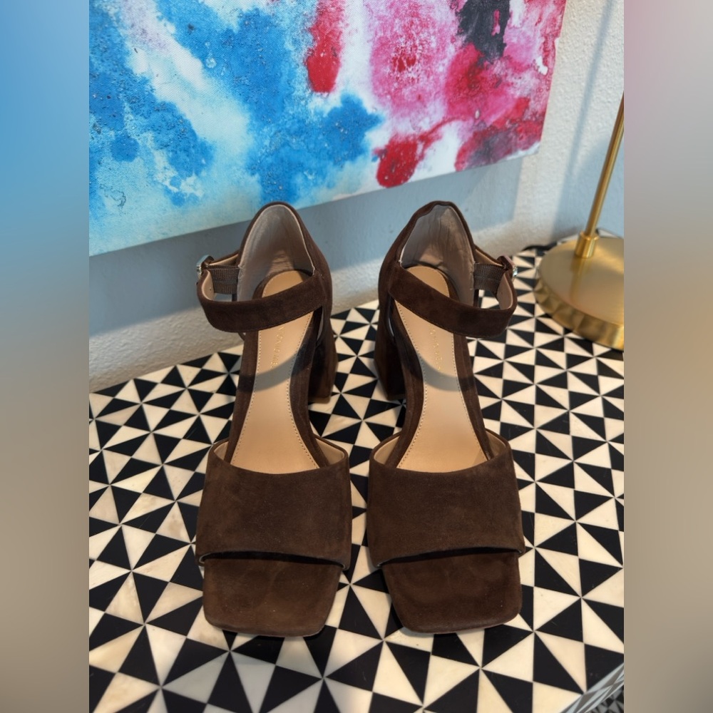 Antonio Melanie The Audreyy Suede Block Open Toe Brown Sandals Size 8